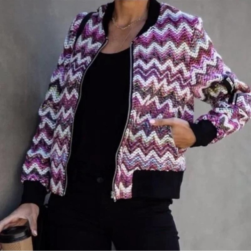 VICI Flawless Multi Color Chevron Knit Bomber Jacket Artsy Modern Soft Girl Chic